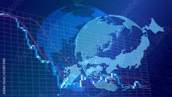 Obraz 世界地図と日本の株価下落イメージ