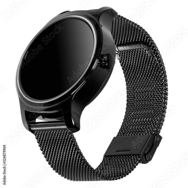 Obraz Wireless smart watch in a round glossy black case on a metal strap with a blank screen for a logo on a white background. Three quarter view