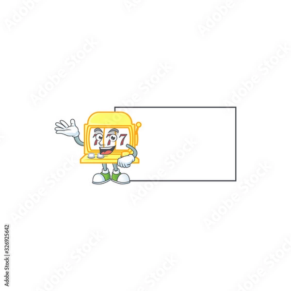 Fototapeta Cheerful golden slot machine mascot style design with whiteboard