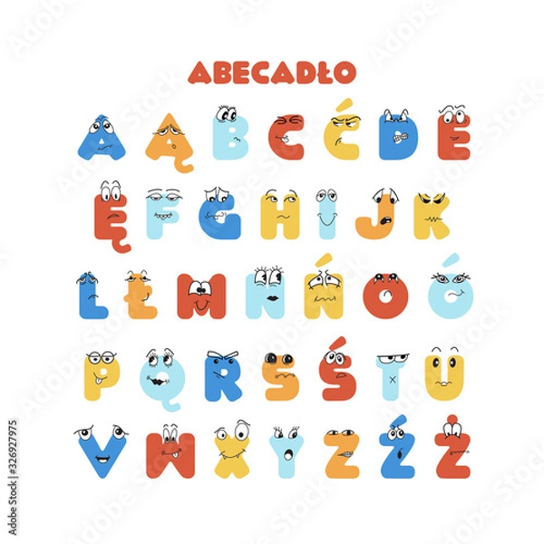 Obraz Polish colorful latin alphabet for kids with hand drawn cartoon characters. Easy to print for poster, flyer, card, banner. 