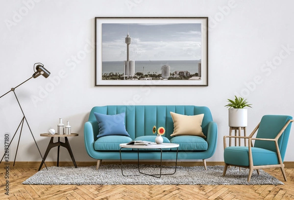 Obraz mock up poster frame interior living room background, 3D render
