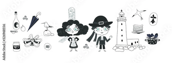 Obraz Breton kids in traditional breton costumes and and traditional symbols of Brittany- Cider, oysters, mussels, lighthouse, seagulls, cookies, salted caramel, pancakes.Black and white hand drawn image.