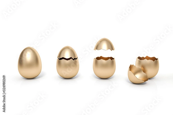 Obraz One is intact, the second is broken, the third and forth golden eggs are open on white background 3d rendering. 3d illustration luxury easter eggs holiday card template minimal concept.