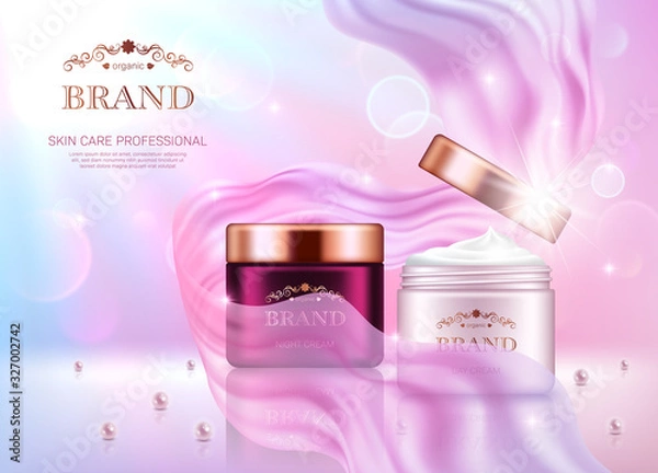 Fototapeta Realistic day cream and night cream jars with golden lids on pink bokeh background with smooth transparent chiffon fabric. Advertising poster for the promotion of cosmetic skin care premium product