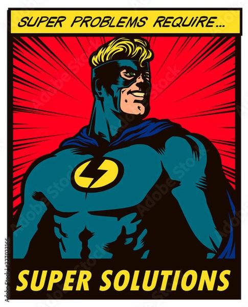 Obraz Pop art komiks superbohatera rozwiązujący problem z supermocarstwami ilustracji wektorowych plakat