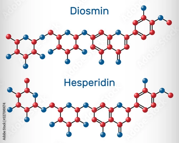 Fototapeta Hesperidin, diosmin, flavonoid molecule. Flavanone glycoside, drugs for treatment of venous disease. Molecule model