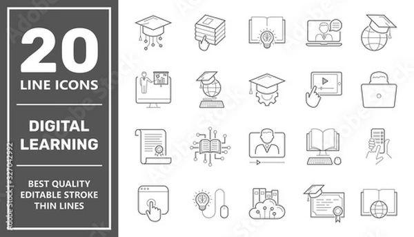 Fototapeta E-learning, digital learning. online education elements thin line web icon set. Outline icons collection. Simple vector illustration. Editable Stroke