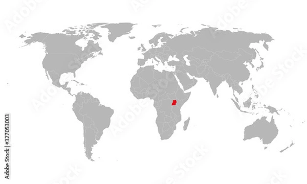 Fototapeta Uganda African country highlighted red on world map. Perfect for business concepts, backgrounds, backdrop, poster, chart, banner, label, sticker and wallpapers.