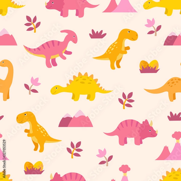 Fototapeta Cute colorful seamless pattern with dinosaurs. Bright background for kids. Vector illustration for textile manufacturing, notebooks etc