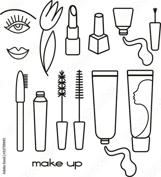 Obraz Vector line art set. Cosmetic for female make up: brow pencil, mascara with different brushes, face cream, lipstic, nile polish bottle and eye, brow, lips , tulip flower. Black and white, linear.