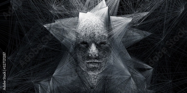 Fototapeta Abstract digital human face with big data connection or mistic mask. 3d illustration