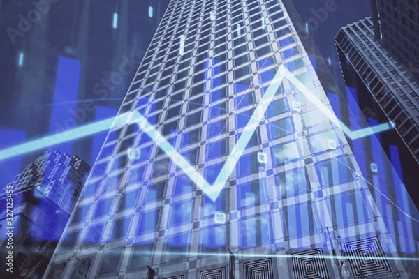 Fototapeta Forex chart on cityscape with tall buildings background multi exposure. Financial research concept.