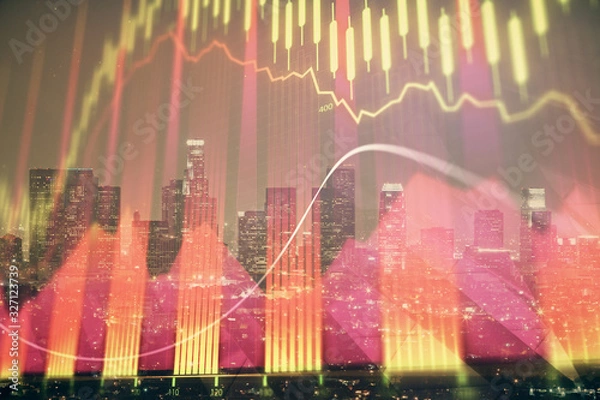 Fototapeta Forex chart on cityscape with tall buildings background multi exposure. Financial research concept.
