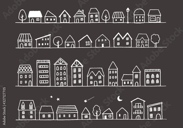 Fototapeta 手描きの街並みイラスト（黒背景）