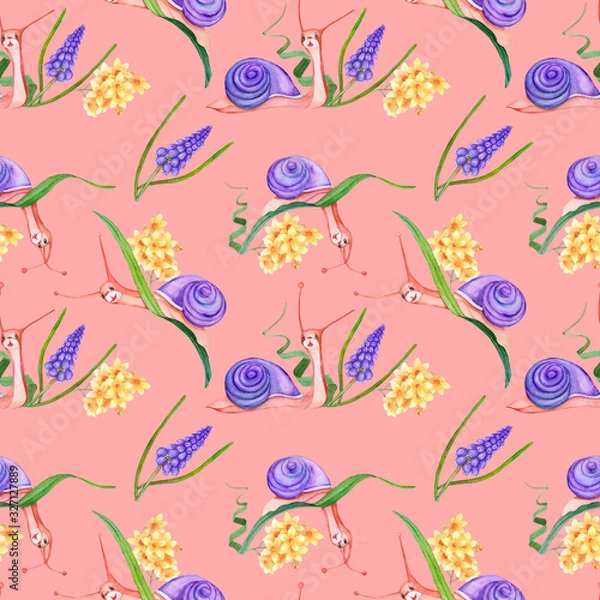 Fototapeta Seamless texture. Spring and snails on a pink background.