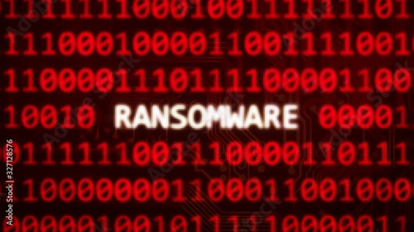 Fototapeta Ransomware tekst na czerwonym ekranie losowego kodu binarnego - renderowanie 3D serii słów technologii komputerowej