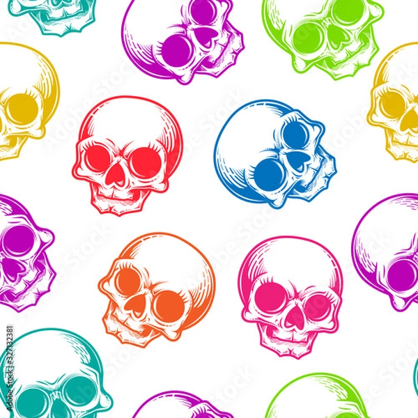 Fototapeta Human skulls seamless pattern. Vector illustration of cute multicolored skulls in engraving technique isolated on white background.