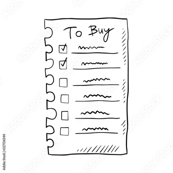 Fototapeta To buy list hand drawn doodle vector illustration, design element, icon, sticker. Isolated on white background. Easy to change color. To buy list element. Shopping time. Check list. Market, shop. 