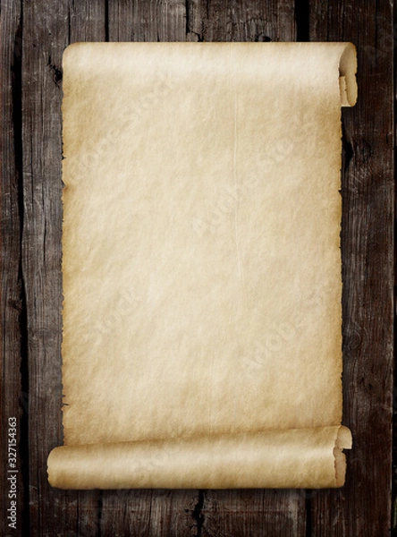 Fototapeta Old scroll paper on wood plank