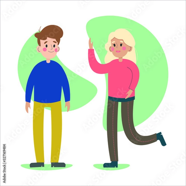 Obraz Flat vector illustration with young people on a white background. The guy and the girl are talking. Social communication