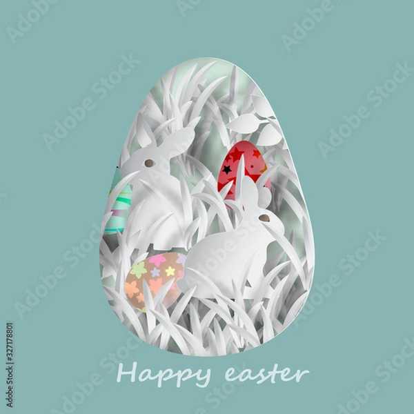 Fototapeta Vector paper cut illustration of colorful easter rabbit, grass, flowers and egg shape. Happy easter greeting card template.