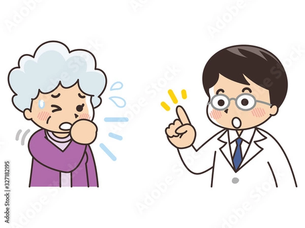 Fototapeta 咳をするシニア女性　指差しをする医師の男性