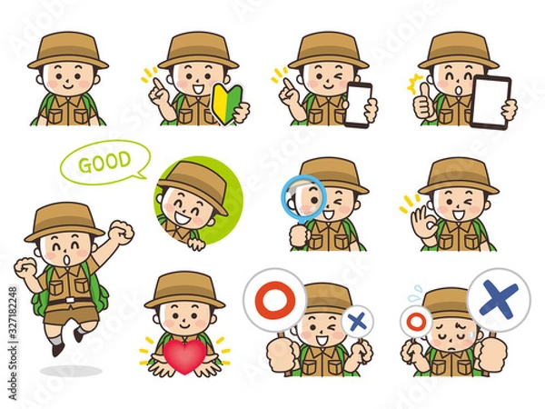 Obraz こども探険隊の男の子バリエーション　初心者マーク　スマートフォン　タブレット　虫眼鏡　ハート　まるばつクイズ