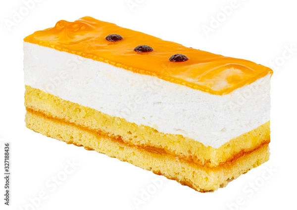 Obraz Tiramisu cake with airy creamy yogurt mousse with slices of juicy peach and chocolate decor isolated on white background