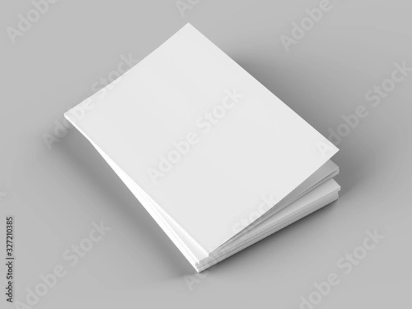 Fototapeta Open magazines with a glued binding. Stack of catalogues. Vertical A4 format. 3d illustration.