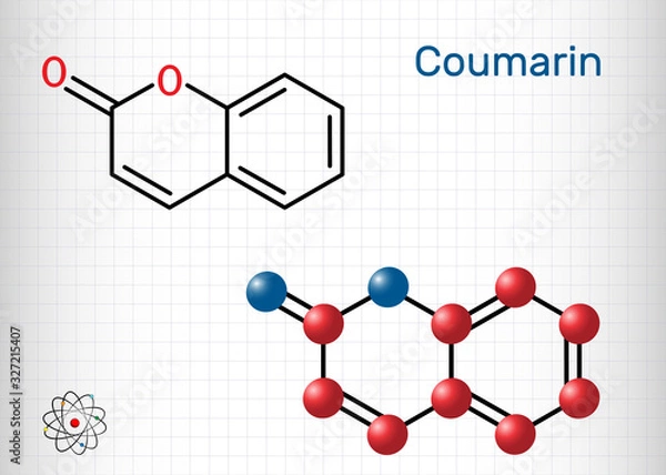 Fototapeta Coumarin, C9H6O2 molecule. It has sweet odor, recognised as scent of newly-mown hay. Coumarinic compounds are a class of lactones.  Sheet of paper in a cage