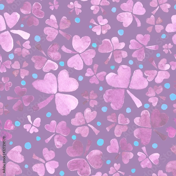 Fototapeta Seamless Hand Drawn Watercolor Pattern with Lilac Shamrock