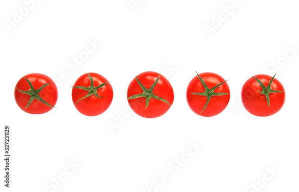 Fototapeta Red tomatoes with cuttings in a row isolated on a white background