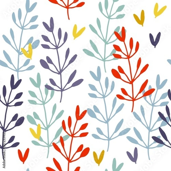 Fototapeta Bright floral seamless background of branches with leaves on a white background.
