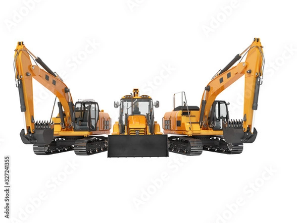 Fototapeta 3D rendering orange construction machinery multifunction tractor and crawler excavator on white background no shadow