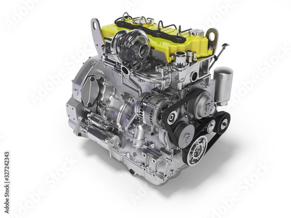 Fototapeta 3D rendering yellow diesel engine for car perspective on white background with shadow