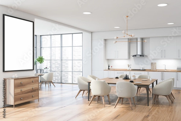Obraz Panoramic white kitchen interior with poster