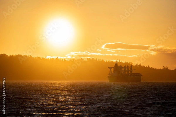 Obraz Large cargo transportation boat waiting empty near island ground coast pacific north west china corona virus canada 