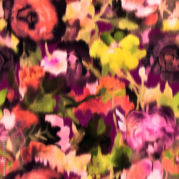 Obraz Watercolor floral seamless pattern. Large blurred opulent roses. Surreal botanical ornament in trendy style. Flowers in bloom. Backdrop for cloth, dress, fabric, textile, texture or wrapping,