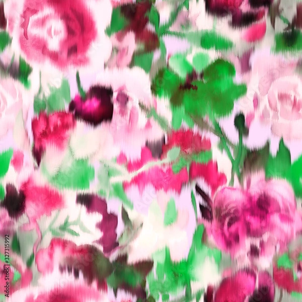 Fototapeta Watercolor floral seamless pattern. Large blurred opulent roses. Surreal botanical ornament in trendy style. Flowers in bloom. Backdrop for cloth, dress, fabric, textile, texture or wrapping,