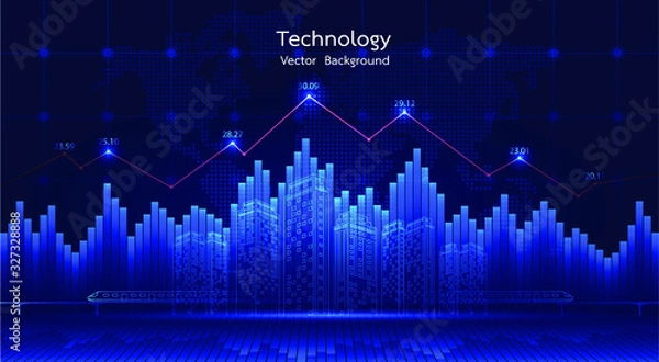 Obraz City background Financial graph on night city scape with tall buildings background double exposure. Economic growth graph chart. Vector illustration.