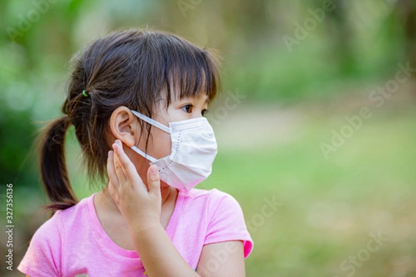 Fototapeta Kids wearing the mask for protect them self from virus and air pollution. Prevention by mask to reduce spread of the coronavirus (covid-19) outbreak from human transmission. Picture with copy space.