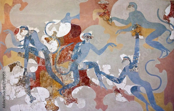 Obraz Blue monkeys - wall painting from Minoan Settlement of Akrotiri on Santorini island, Cyclades, Greece