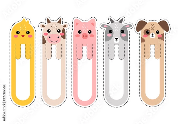 Fototapeta Cartoon kawaii bookmarks with animals vector illustration