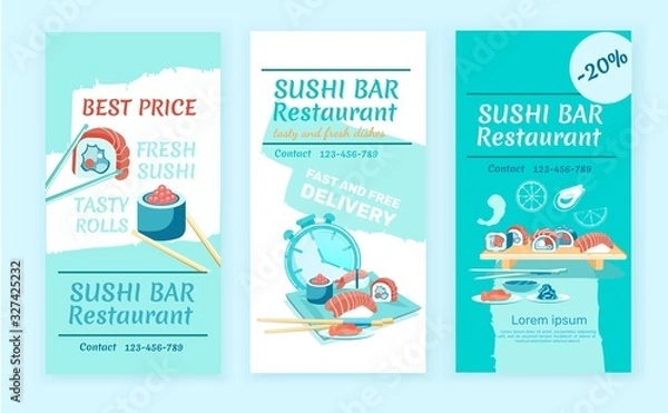 Fototapeta Sushi Bar Ads Flyer Flat Vector Templates Set
