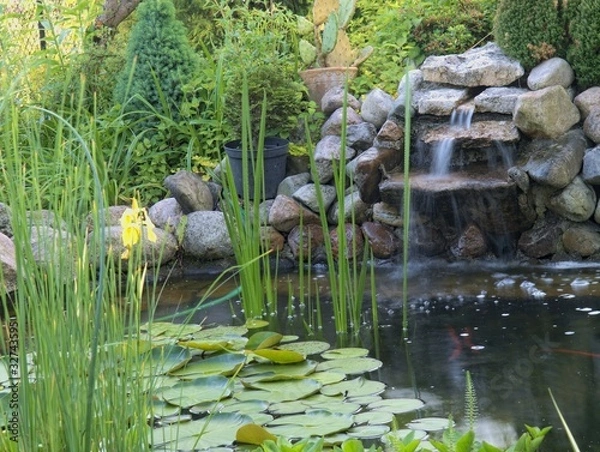 Fototapeta Ornamental pond with waterfall in garde
