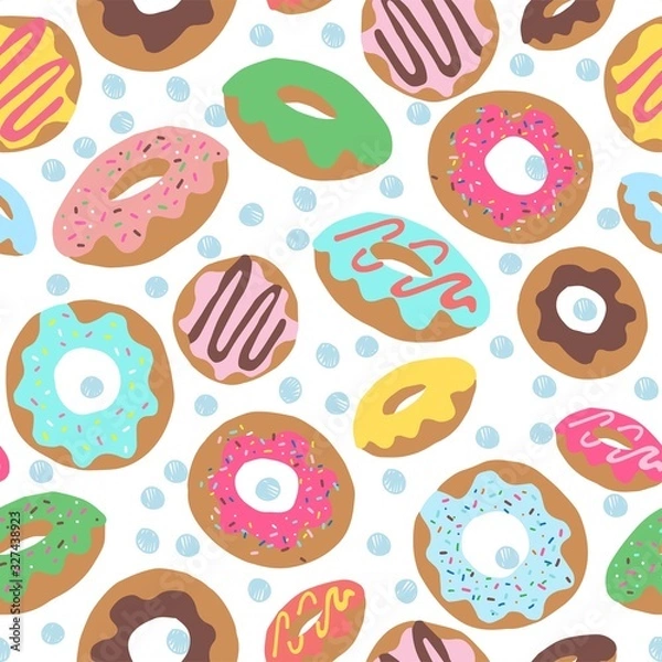 Obraz Seamless repeat pattern with colourful colorful donuts doughnuts with sprinkles and icing tossed on a white background with scribbled drawn sketched blue dots	