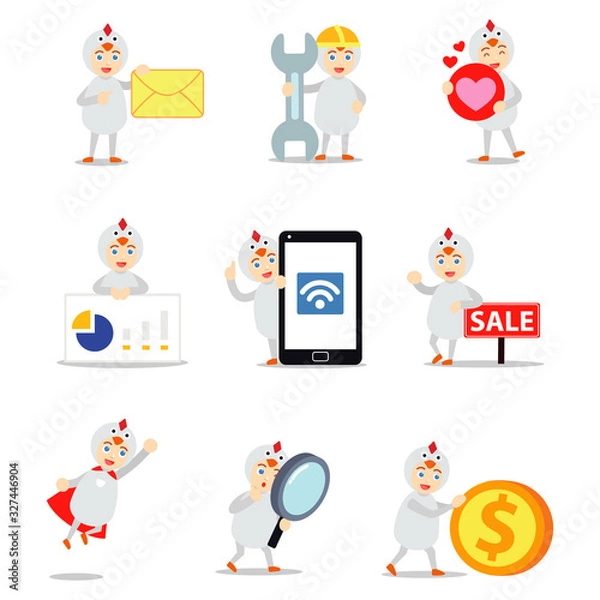 Fototapeta Set character of man performed as a little chick comes out from the egg.