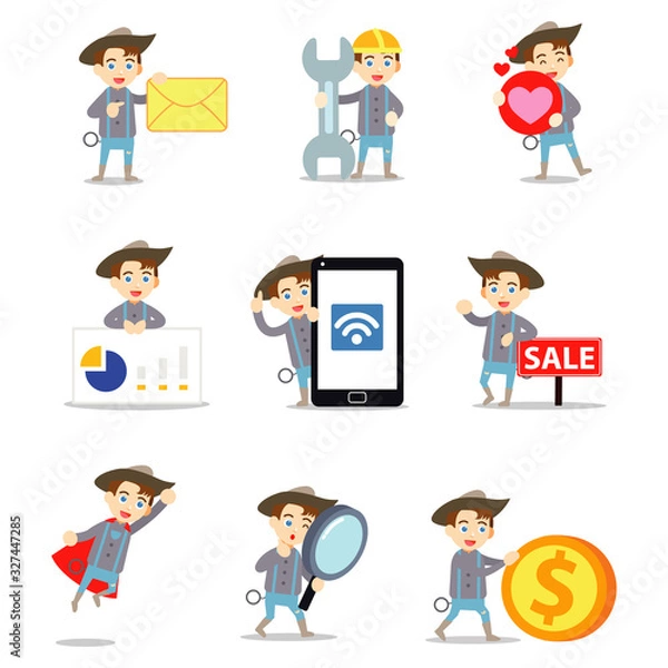 Fototapeta Set character of a pull string cowboy man riding a horse.