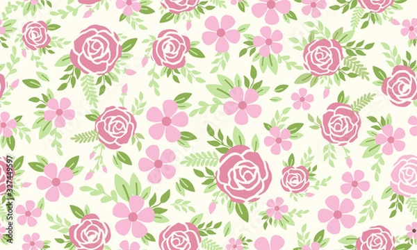 Obraz Cute rose flower pattern background for spring, with leaf and flower drawing.