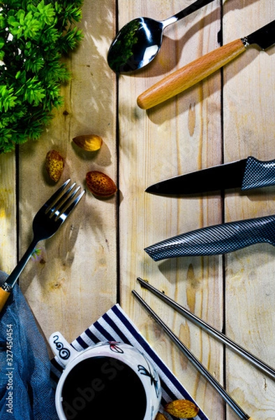 Obraz wood table setting cutlery and coffee